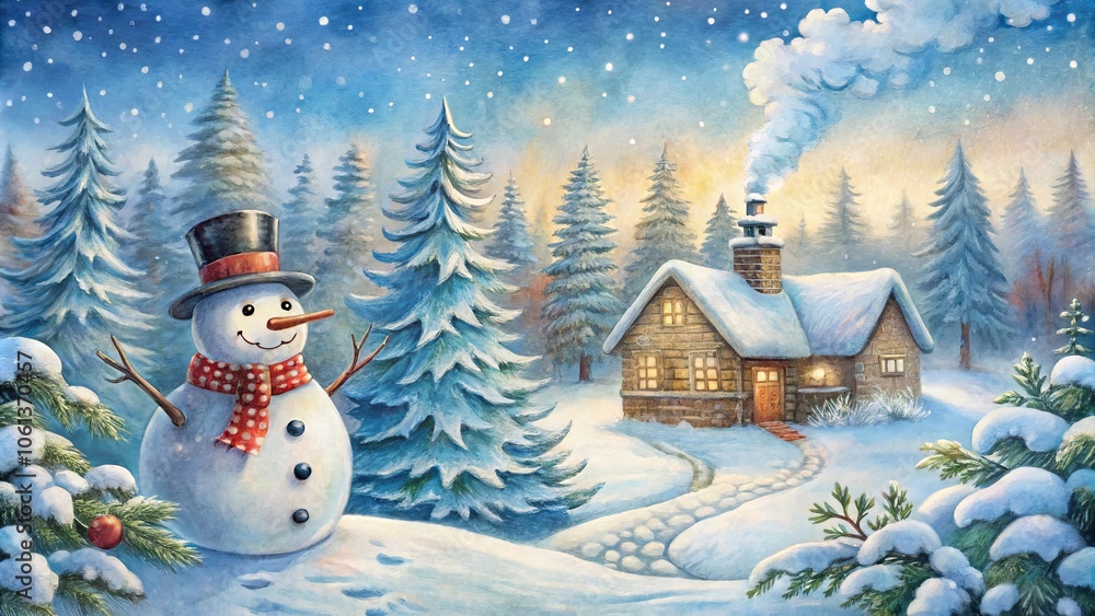 A cheerful snowman stands near a cozy cabin in a winter wonderland, with snow-covered trees and a starry sky. A cheerful snowman stands near a cozy cabin in a winter wonderland, with snow-covered trees and a starry sky.