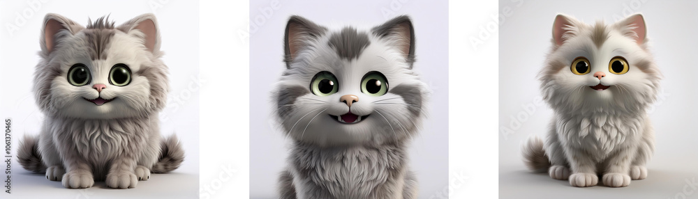 Three cartoon cats with large eyes and white fur are sitting on a white background. Three cartoon cats with large eyes and white fur are sitting on a white background.