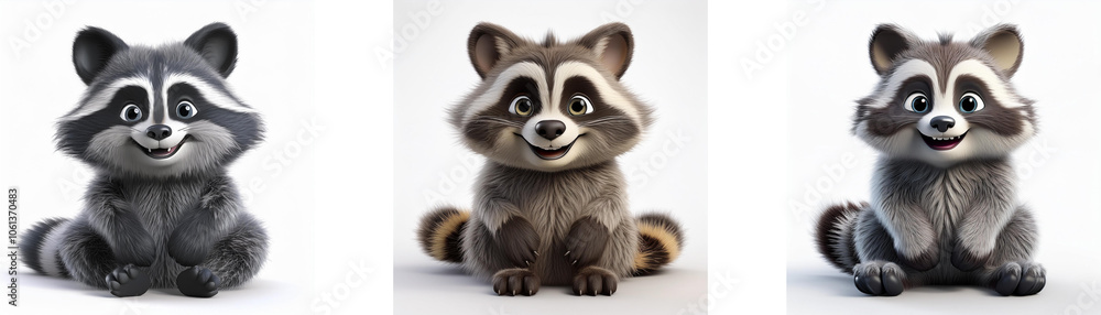 Obraz premium Three cartoon raccoons sit on their haunches, facing forward, with their tails behind them. They are isolated on a white background.