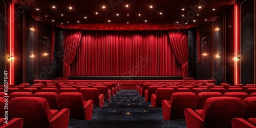 red velvet curtains, red curtain with the image of a movie theater or stage