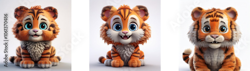 Three cartoon tiger cubs sitting with their paws in front of them, isolated on white background.