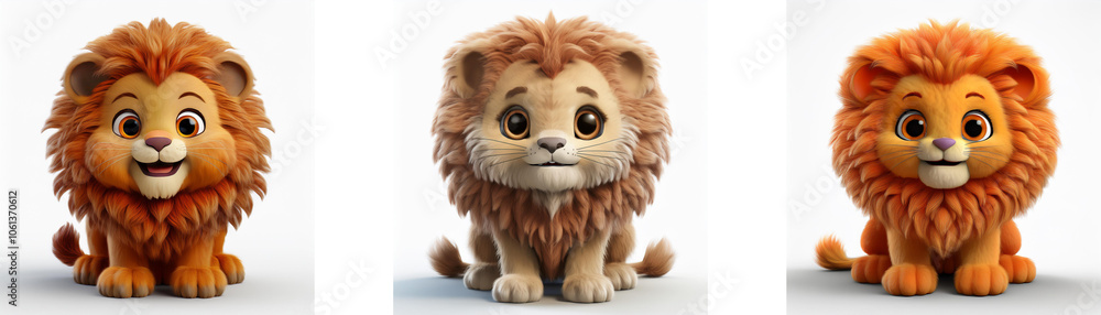 Three cartoon lion cubs sitting and facing forward isolated on a white background. Three cartoon lion cubs sitting and facing forward isolated on a white background.