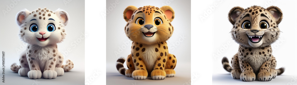 Three cartoon leopards of different colors are sitting with their legs tucked under them and smiling, isolated on white background. Three cartoon leopards of different colors are sitting with their legs tucked under them and smiling, isolated on white background.
