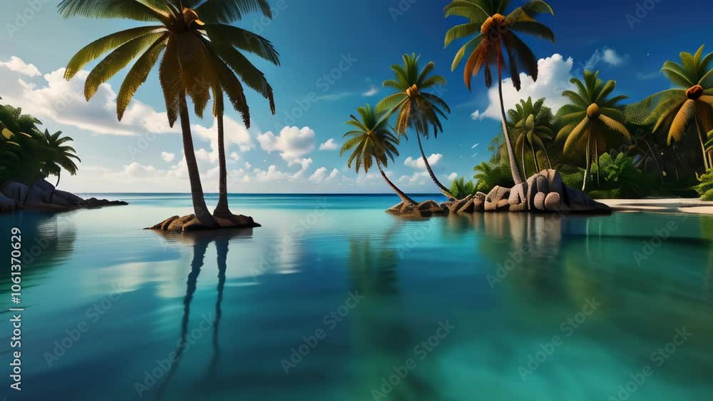 Tropical Beach with Swaying Palm Trees and Crystal Clear Water. Ideal Summer Getaway.