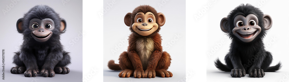 Three cartoon monkeys, one black, one brown and one grey, are sitting and smiling. They are isolated on a white background. Three cartoon monkeys, one black, one brown and one grey, are sitting and smiling. They are isolated on a white background.