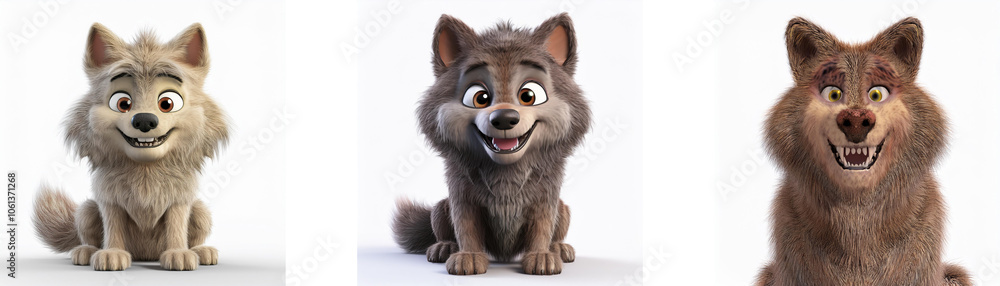 Obraz premium Three cartoon wolves, each with different fur colors, are sitting and smiling, isolated on a white background.