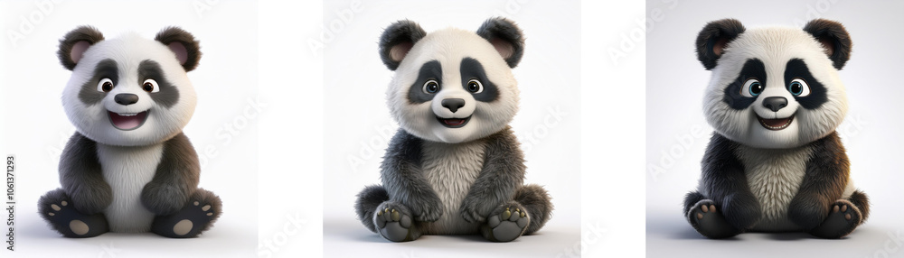 Three cartoon panda bears sitting with smiles isolated on a white background. Three cartoon panda bears sitting with smiles isolated on a white background.
