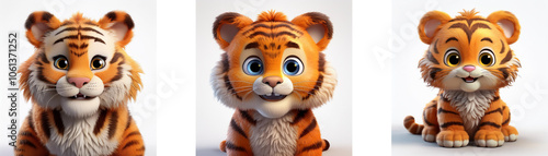 Three cute cartoon baby tigers with orange and black stripes sitting, looking at the camera isolated on white background.