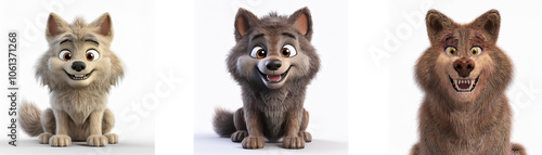 Three cartoon wolves, each with different fur colors, are sitting and smiling, isolated on a white background.