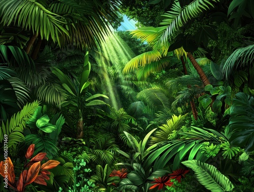 Lush Tropical Rainforest with Sunlight Streaming Through