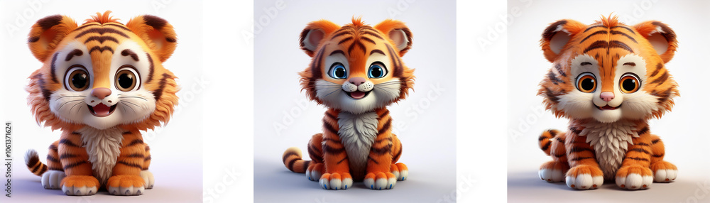 Three cartoon tiger cubs with large eyes and a big smile sitting, isolated on white background. Three cartoon tiger cubs with large eyes and a big smile sitting, isolated on white background.