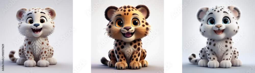 Three cartoon leopards with different color fur sitting in a row, isolated on white background. Three cartoon leopards with different color fur sitting in a row, isolated on white background.