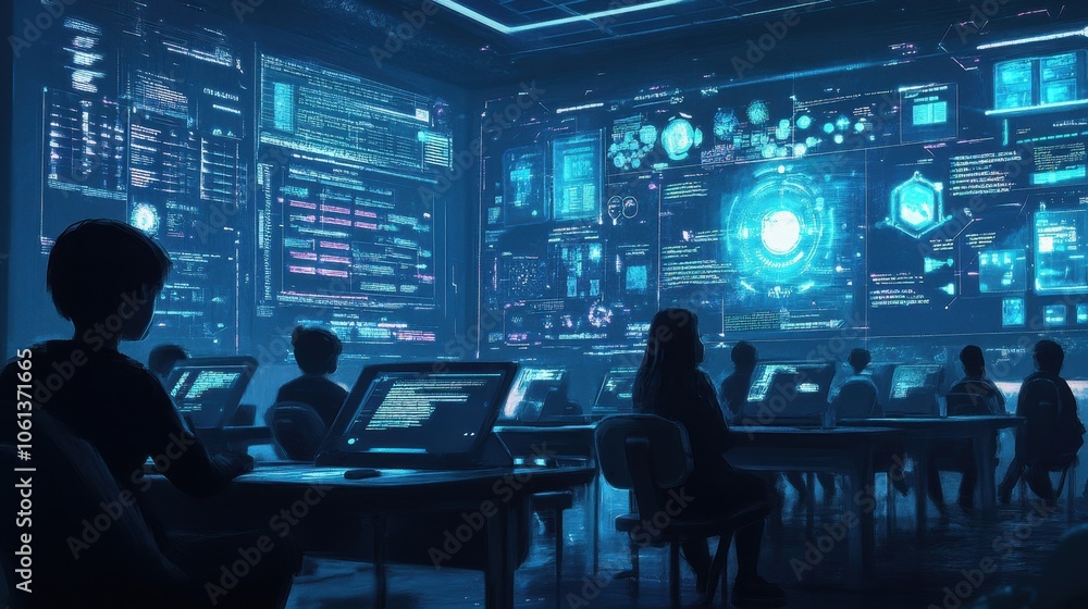 Futuristic Control Room: Silhouettes in a Technological Wonderland Futuristic Control Room: Silhouettes in a Technological Wonderland