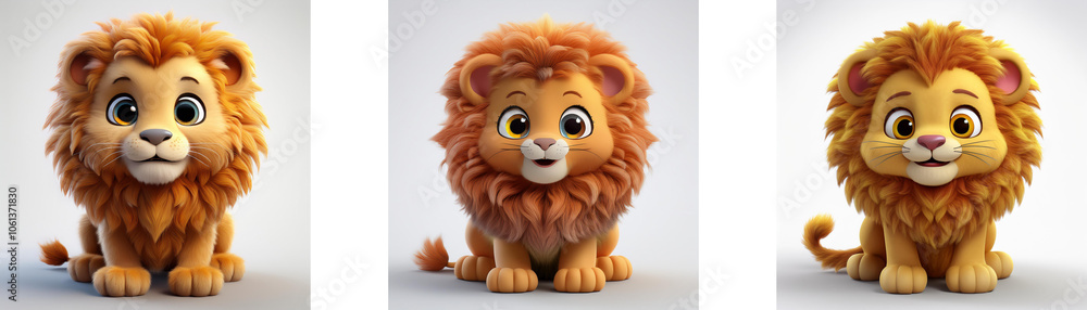 Three cartoon lion cubs with large eyes and fluffy manes sitting in different poses isolated on white background. Three cartoon lion cubs with large eyes and fluffy manes sitting in different poses isolated on white background.