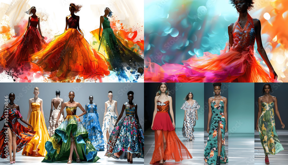Fototapeta premium beautiful fashion models stylish dresses vibrant runway elegant poise modern fashion radiant al Generative AI
