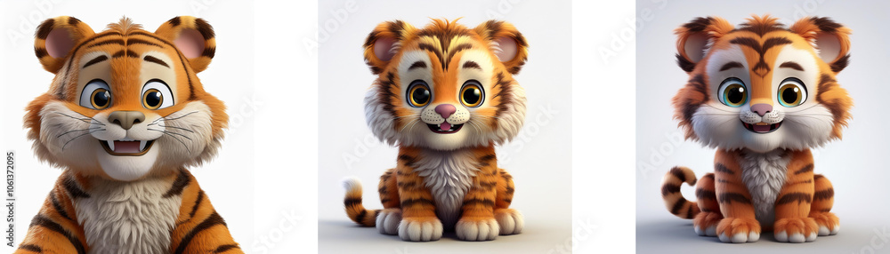 Three cute cartoon tigers in various poses, isolated on white background. Three cute cartoon tigers in various poses, isolated on white background.