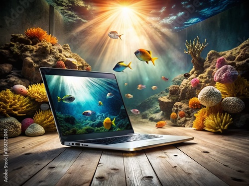 Colorful Sea Life Laptop Concept on Rustic Texture with Sunlight Shadows photo