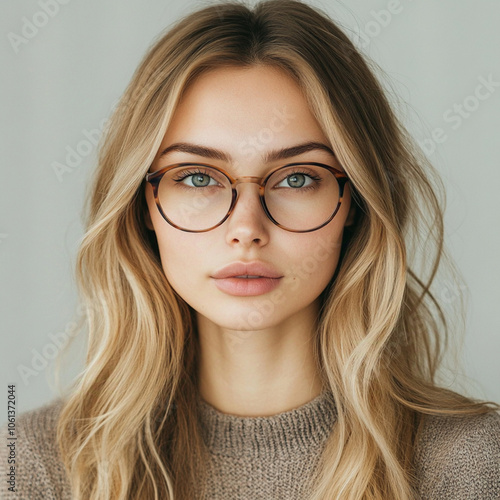 Beautiful woman, wearing glasses and long hair in a light color.