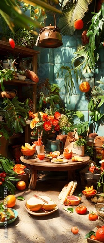 Still life with fruit and flowers in a sunlit garden.