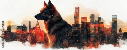 Dog silhouette, neonlit skyscrapers within, double exposure, futuristic nightscape, vibrant energy