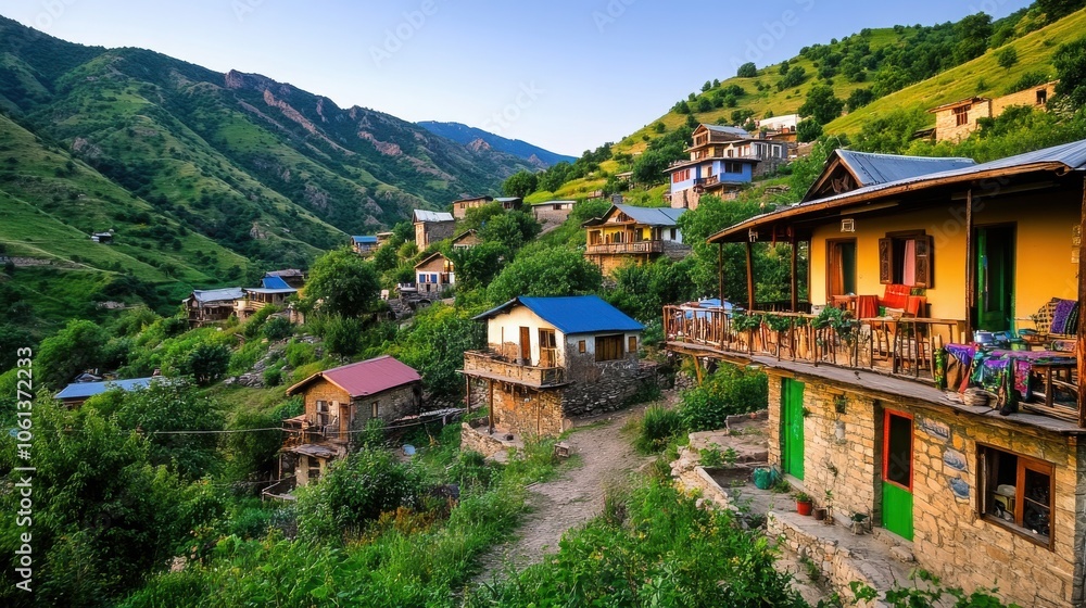 Serene Village Surrounded by Lush Green Mountains Serene Village Surrounded by Lush Green Mountains