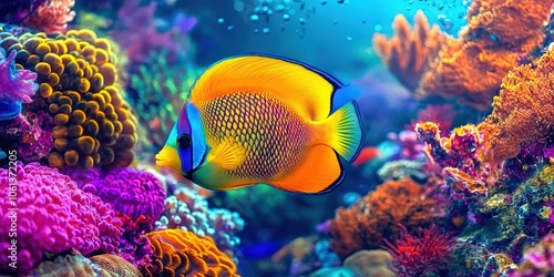 A colorful tropical fish swimming in the ocean, surrounded by coral reefs and marine life..colorful tropical fish in a coral reef on blue sea background, 