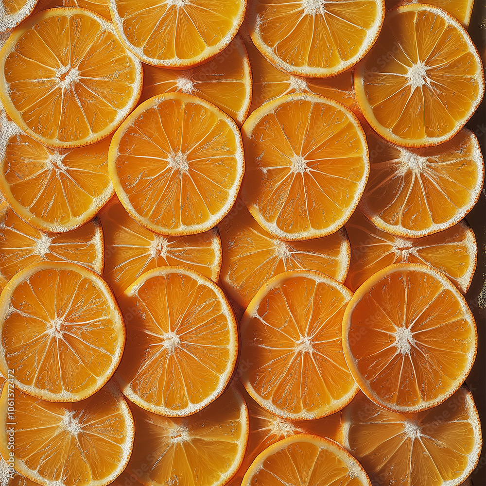 Freshly Sliced Oranges Arranged on Orange Background Freshly Sliced Oranges Arranged on Orange Background