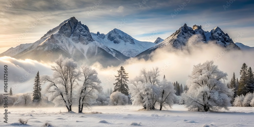 Obraz premium A frozen landscape with snow-covered trees and mist-shrouded mountain peaks, bathed in the golden light of dawn.