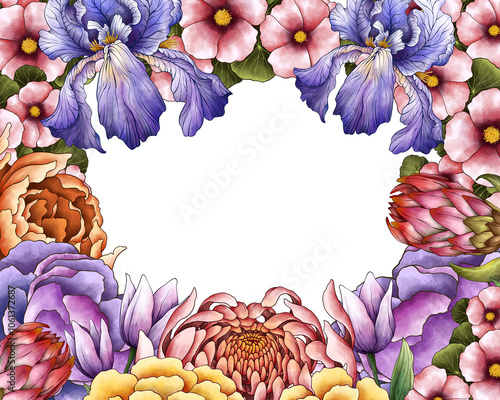 Illustration Colorful Floral Border Frame Background for Banner, Wedding Card, Card Template. Isolated on White Background