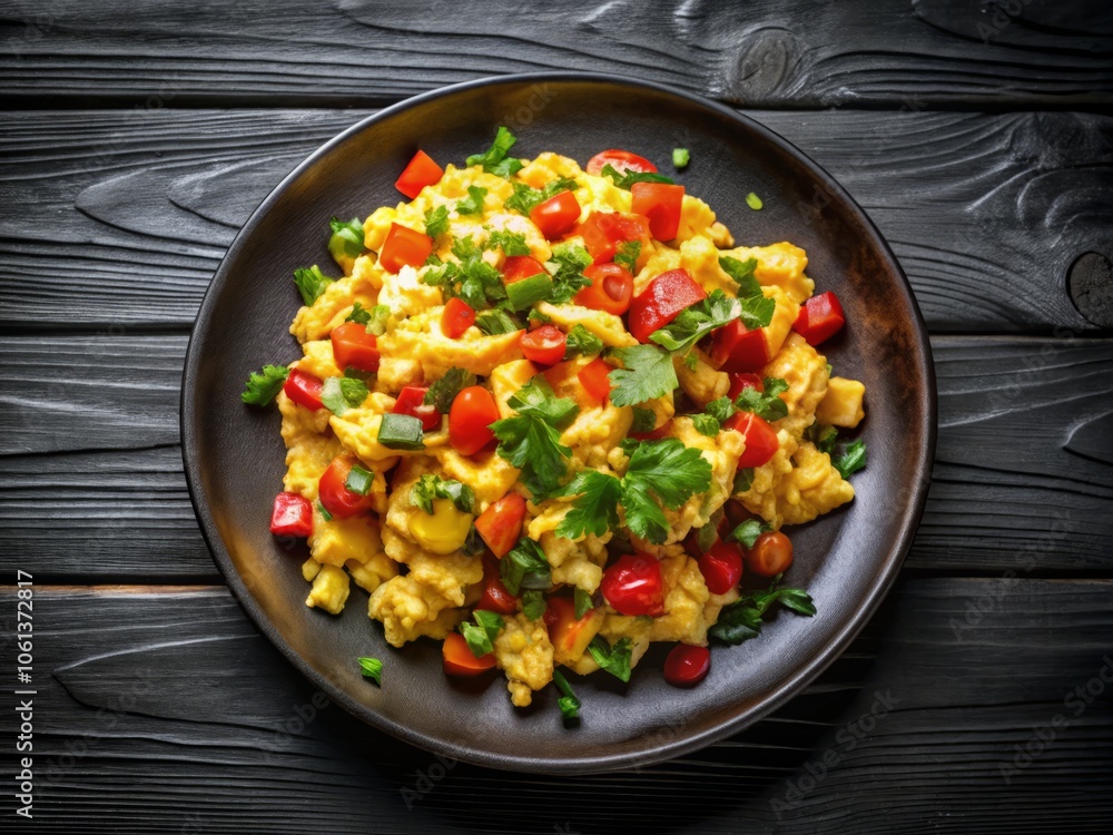 Delicious Scrambled Eggs with Fresh Vegetables on a Rustic Black Wooden Background – Perfect for Breakfast and Culinary Photography Delicious Scrambled Eggs with Fresh Vegetables on a Rustic Black Wooden Background – Perfect for Breakfast and Culinary Photography