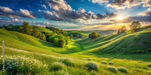 A sun-drenched valley with rolling green hills dotted with trees and white wildflowers beneath a sky of fluffy clouds and a radiant golden sun.