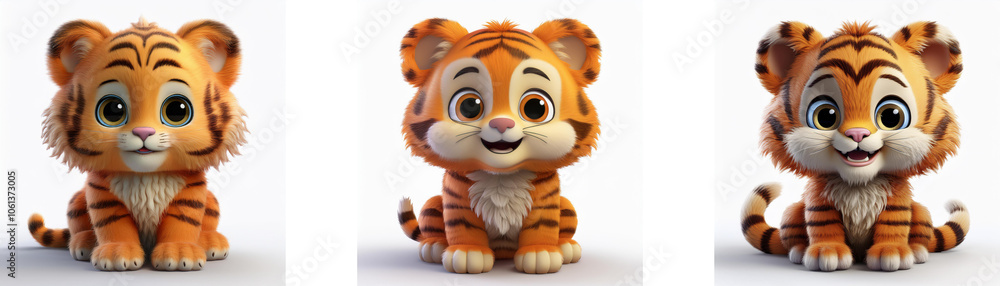 Three cartoon baby tigers are sitting and looking at the camera. They are isolated on a white background. Three cartoon baby tigers are sitting and looking at the camera. They are isolated on a white background.