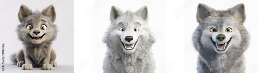 Obraz premium Three cartoon wolves, one gray, one white, and one gray and white, smiling and sitting. Isolated on white background.