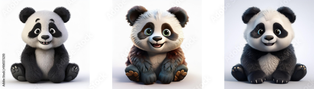 Fototapeta premium Three cartoon baby pandas in different poses, isolated on white background.
