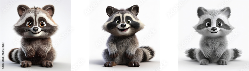A cartoon raccoon with a friendly smile sits on its hind legs with its tail curled behind it, isolated on white background. A cartoon raccoon with a friendly smile sits on its hind legs with its tail curled behind it, isolated on white background.