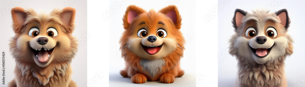 Obraz premium Three cartoon dogs with fluffy fur and big eyes smiling, isolated on white background.