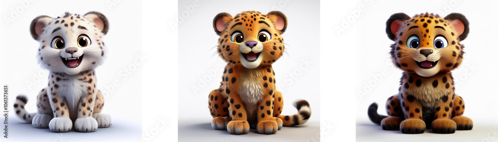 Three cartoon baby leopards of different color variations sitting in a row isolated on white background. Three cartoon baby leopards of different color variations sitting in a row isolated on white background.