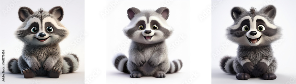 Obraz premium Three cartoon raccoons sitting on a white background.