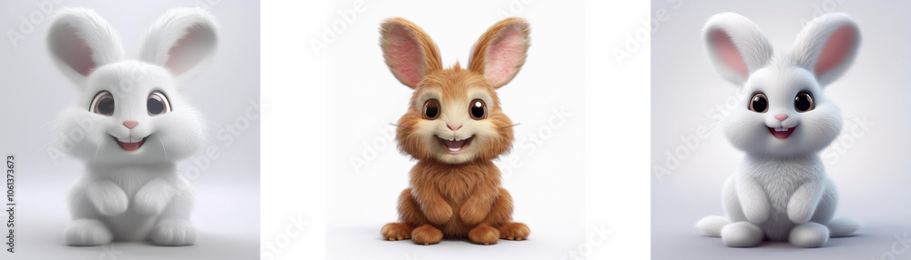 Three cartoon rabbits, one white and two brown, sitting and smiling, isolated on white background. Three cartoon rabbits, one white and two brown, sitting and smiling, isolated on white background.