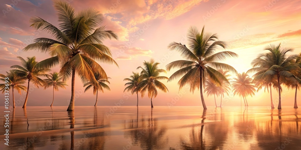 Golden Hour Serenity Palm Trees Mirrored in Calm Water, Bathed in the Warm Glow of a Sunset Golden Hour Serenity Palm Trees Mirrored in Calm Water, Bathed in the Warm Glow of a Sunset