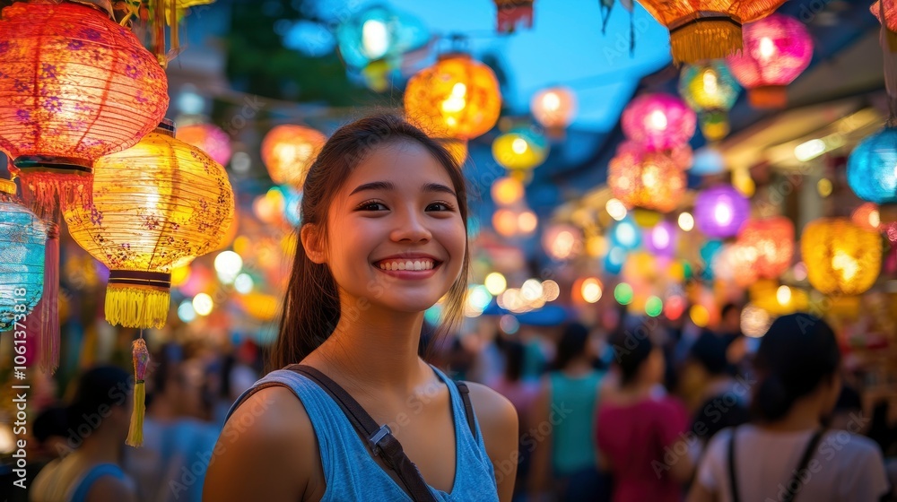 A young woman smiles at the camera while walking down a street lit with colorful paper lanterns. A young woman smiles at the camera while walking down a street lit with colorful paper lanterns.