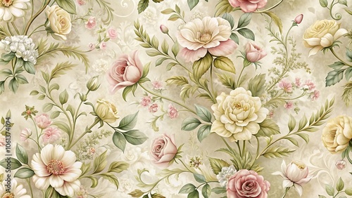 Wallpaper Mural A delicate tapestry of pastel roses and lush greenery woven into a timeless floral pattern. Torontodigital.ca