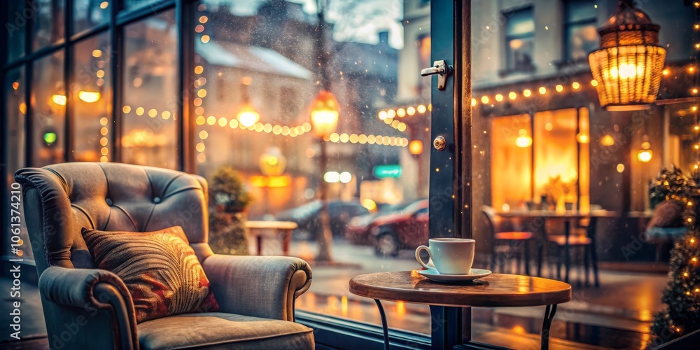 Obraz premium Dreamy Double Exposure of Misty Coffee Shop Window with Cozy Armchair Behind Glass, Evoking Warmth and Tranquility in a Serene Urban Setting