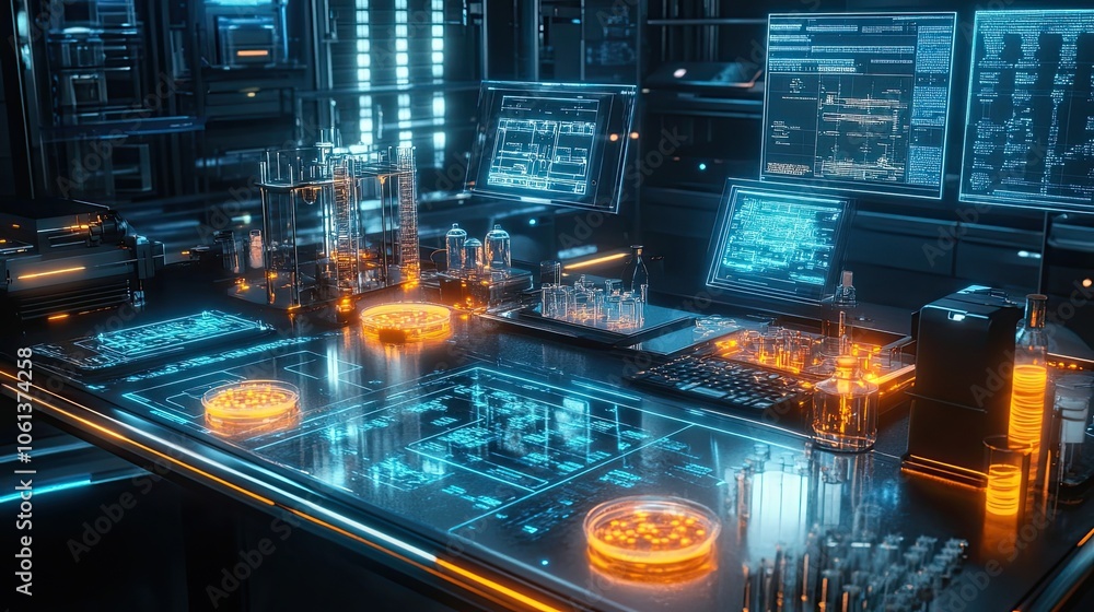 Futuristic Laboratory with Glowing Beaker and Computer Displays