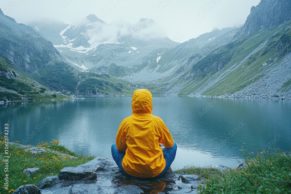 Person sitting on a rock looking out over a lake Person sitting on a rock looking out over a lake