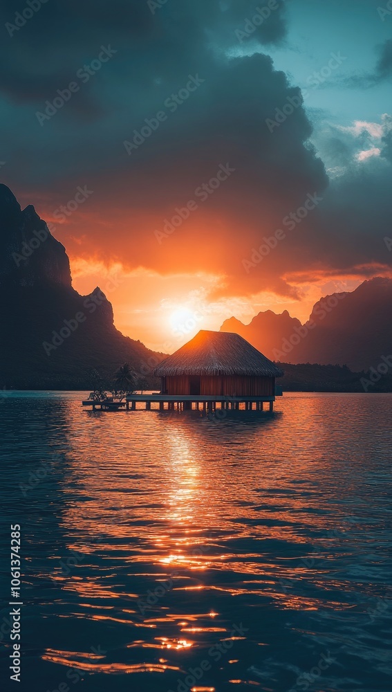 Stunning Sunset Over Turquoise Ocean with Thatched-Roof Bungalow and Mountains in Bora Bora, French Polynesia Stunning Sunset Over Turquoise Ocean with Thatched-Roof Bungalow and Mountains in Bora Bora, French Polynesia