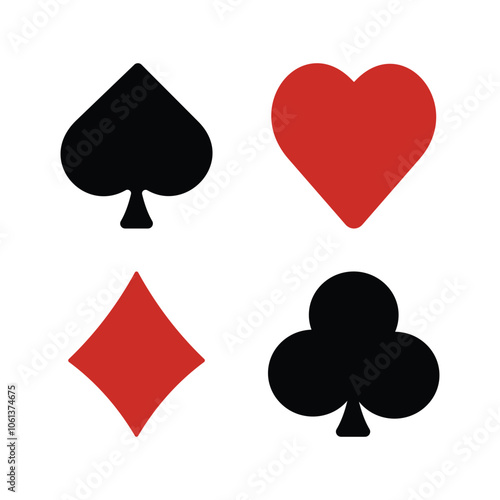 Icons deck of playing cards on white background.  Hearts diamonds clubs spades sign chips.