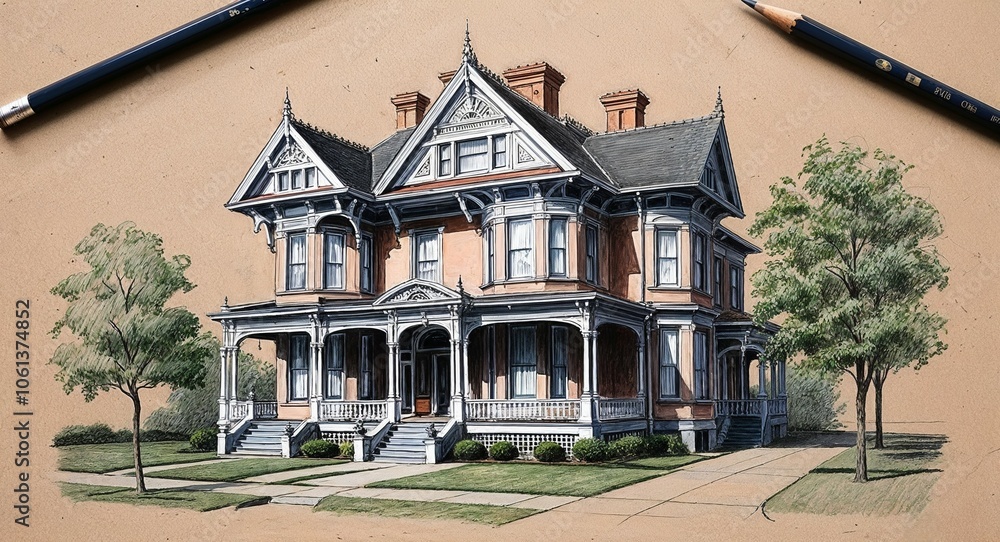 Elegant Victorian house hand drawing Elegant Victorian house hand drawing