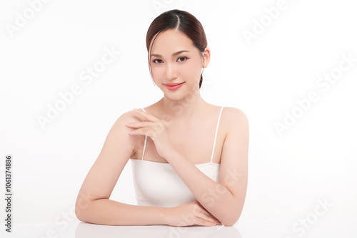 Beautiful young asian woman with clean fresh skin on white background, Face care, Facial treatment, Cosmetology, beauty and spa, Asian women portrait.