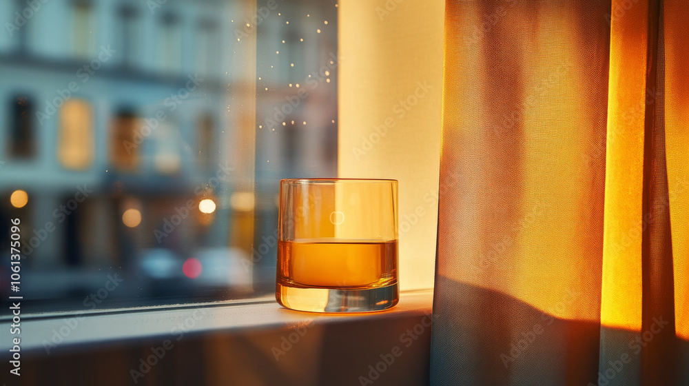 A glass of amber whiskey sits on windowsill, illuminated by warm sunlight filtering through sheer curtain. scene evokes sense of relaxation and tranquility A glass of amber whiskey sits on windowsill, illuminated by warm sunlight filtering through sheer curtain. scene evokes sense of relaxation and tranquility